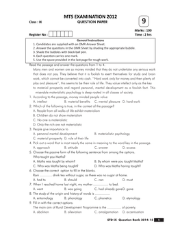 MTS EXAMINATION 2012 Class : IX QUESTION PAPER 9