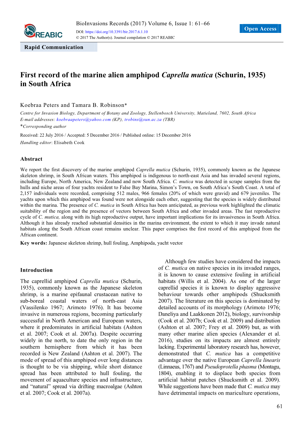 First Record of the Marine Alien Amphipod Caprella Mutica (Schurin, 1935) in South Africa