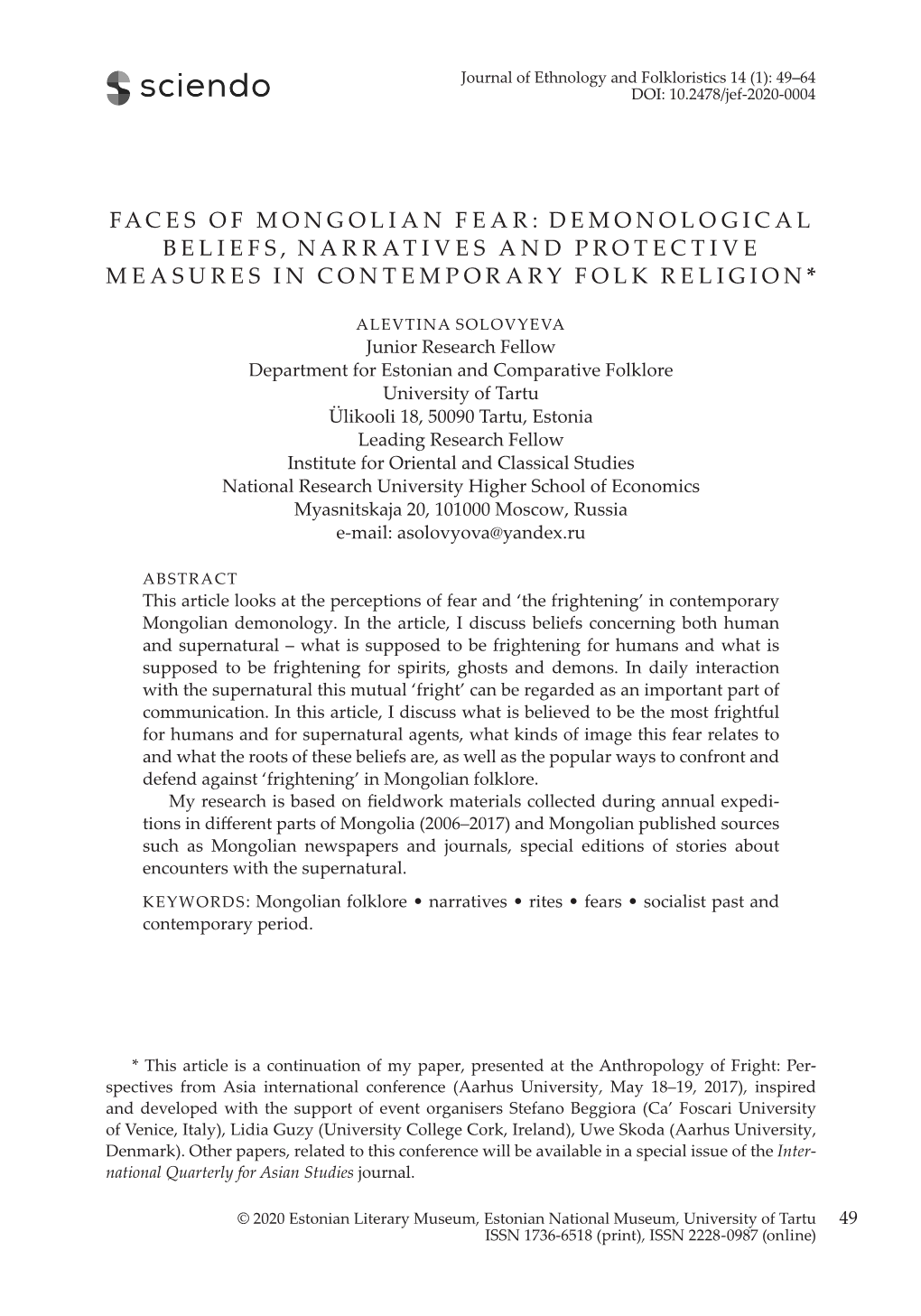 Faces of Mongolian Fear: Demonological Beliefs, Narratives and Protective Measures in Contemporary Folk Religion*