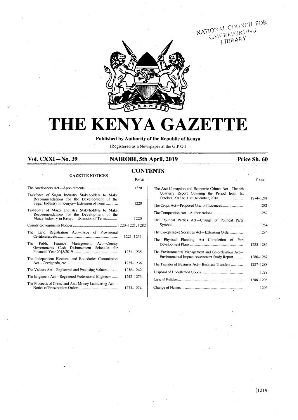 THE KENYA GAZETTE Published by Authority of the Republic of Kenya (Registered As a Newspaper at the G.P.O.) � Vol