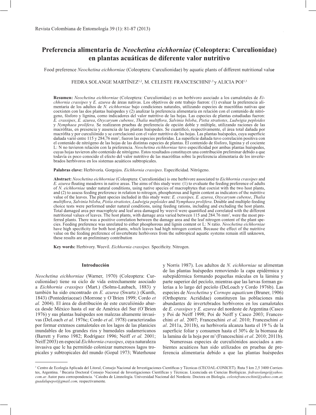 Preferencia Alimentaria De Neochetina Eichhorniae (Coleoptera: Curculionidae) En Plantas Acuáticas De Diferente Valor Nutritivo