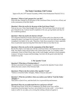 The Study Catechism: Full Version Approved by the 210Th General Assembly (1998) of the Presbyterian Church (U.S.A.)