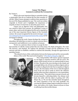 Camus' the Plague Lessons to Confront the Coronavirus By: Tomás