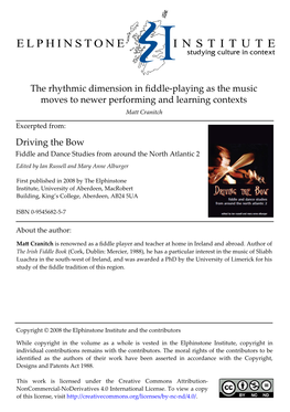 The Rhythmic Dimension in Fiddle-Playing As the Music Moves to Newer Performing and Learning Contexts Driving The