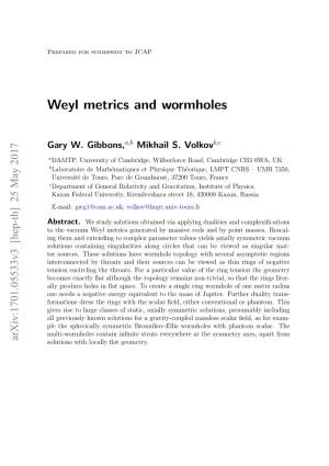 Weyl Metrics and Wormholes