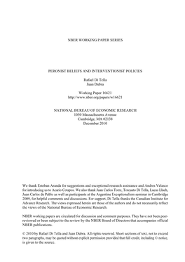 Nber Working Paper Series Peronist Beliefs And