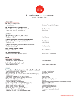 Radio Broadcasting Awards 2008 Finalist List