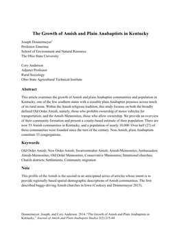 The Growth of Amish and Plain Anabaptists in Kentucky