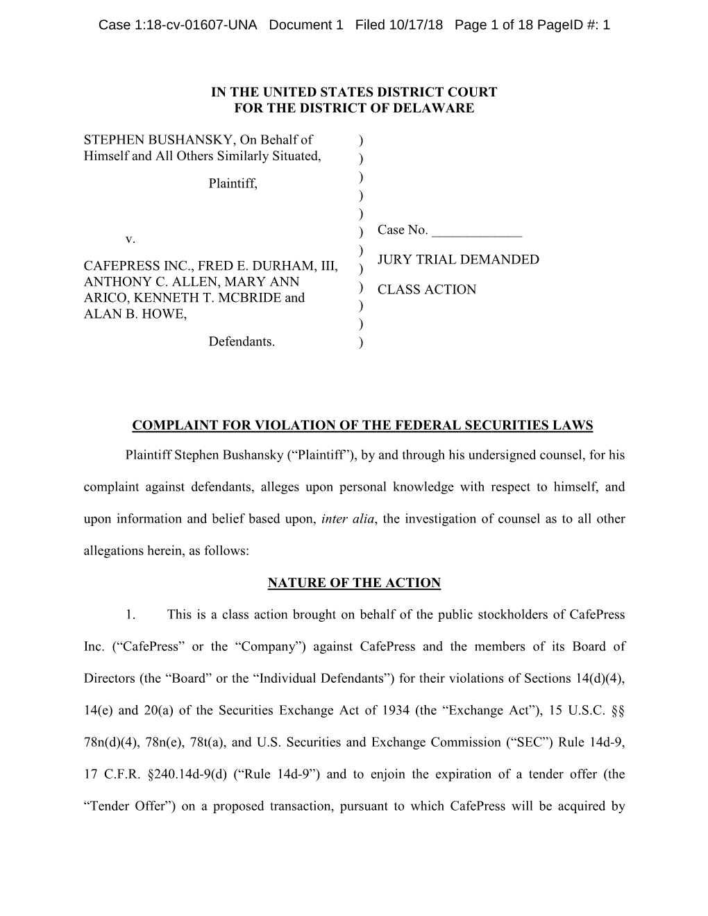 Stephen Bushansky, Et Al. V. Cafepress Inc., Et Al. 18-CV-01607-Complaint for Violation of the Federal Securities Laws