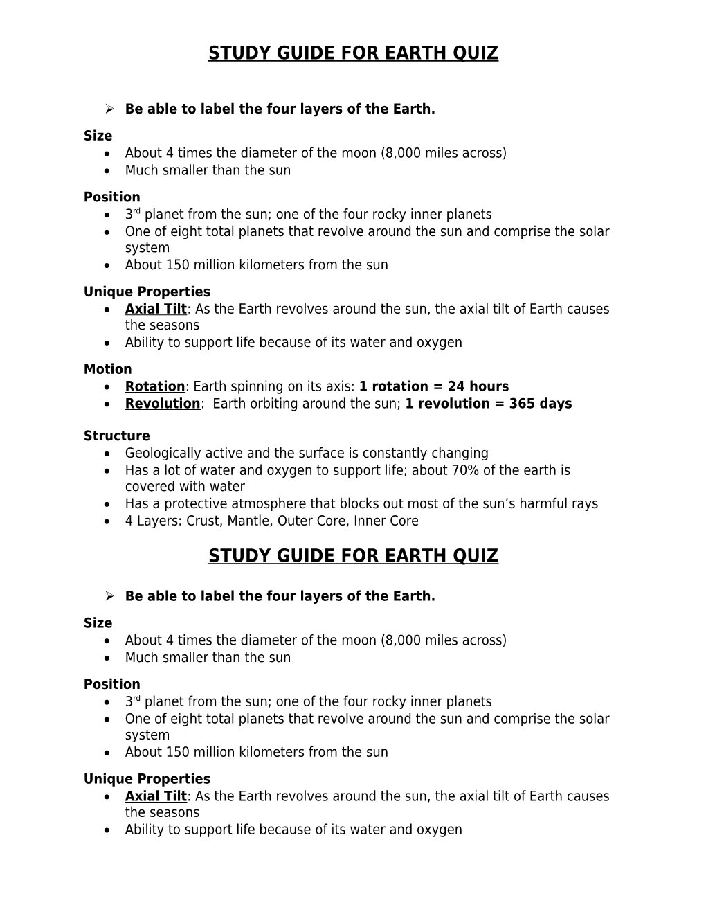 Study Guide for Sun Quiz