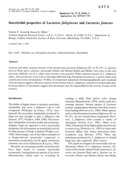 Insecticidal Properties of Lactarius Fuliginosus and Lactarius Fumosus