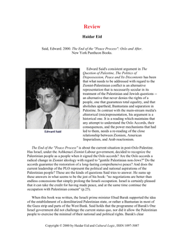 Haidar Eid: Review of Edward Said's "The End of the 'Peace Process'"