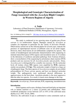 Morphological and Genotypic Characterization of Fungi Associated with the Ascochyta Blight Complex in Western Regions of Algeria