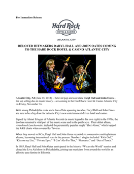 Beloved Hitmakers Daryl Hall and John Oates Coming to the Hard Rock Hotel & Casino Atlantic City