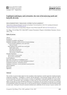Zootaxa,Lepidoptera Phylogeny and Systematics: The