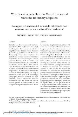 Why Does Canada Have So Many Unresolved Maritime Boundary Disputes? –– Pourquoi Le Canada A-T-Il Autant De Différends Non Résolus Concernant Ses Frontières Maritimes?