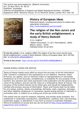 History of European Ideas the Religion of the Non-Jurors and the Early