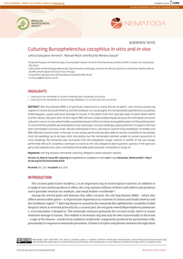 Culturing Bursaphelenchus Cocophilus in Vitro and in Vivo Letícia Gonçalves Ferreiraa,C, Manuel Motab and Ricardo Moreira Souzaa*