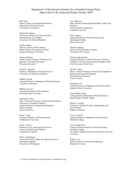Signatories* of the Security Scholars for a Sensible Foreign Policy Open Letter to the American People, October 2004