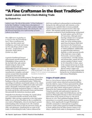 “A Fine Craftsman in the Best Tradition” Isaiah Lukens and His Clock-Making Trade by Elizabeth Fox