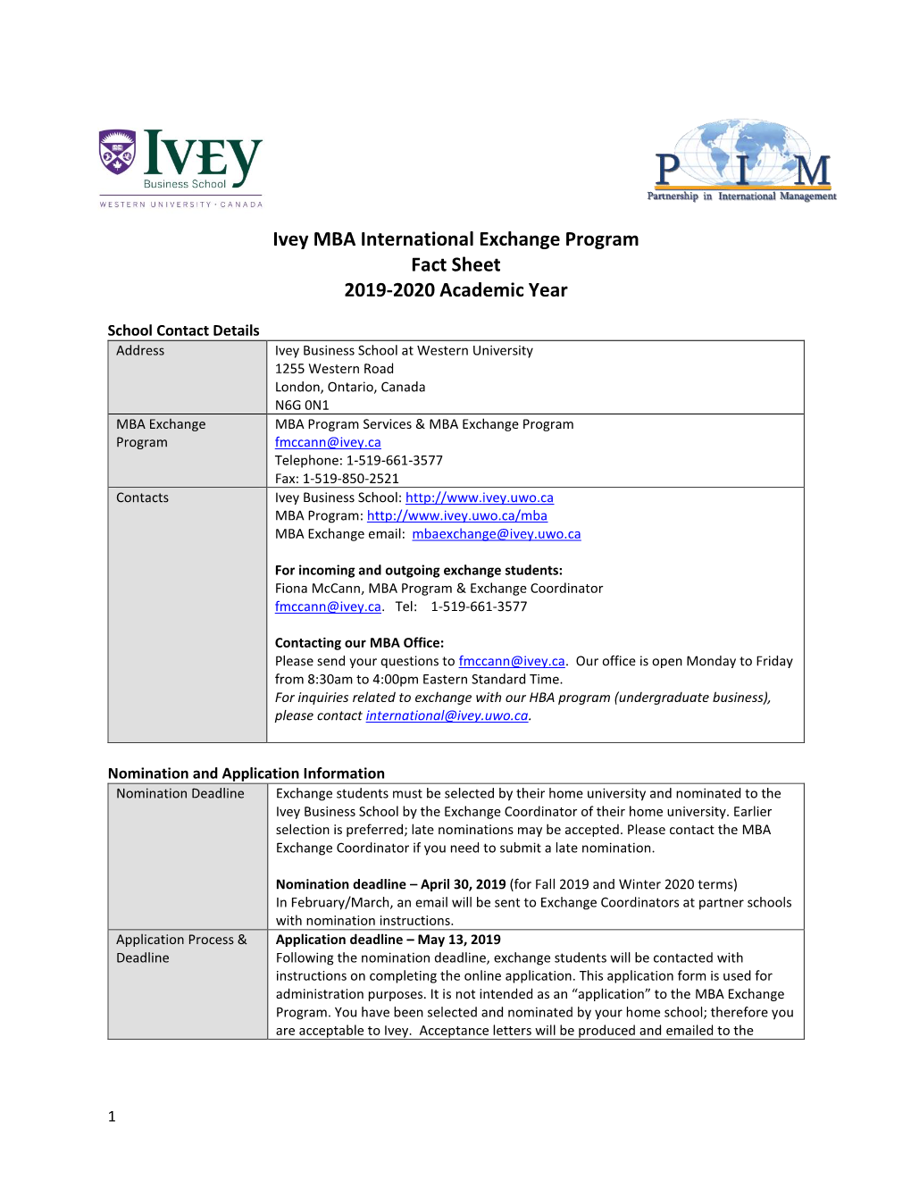 Ivey MBA International Exchange Program Fact Sheet 2019-2020 Academic Year