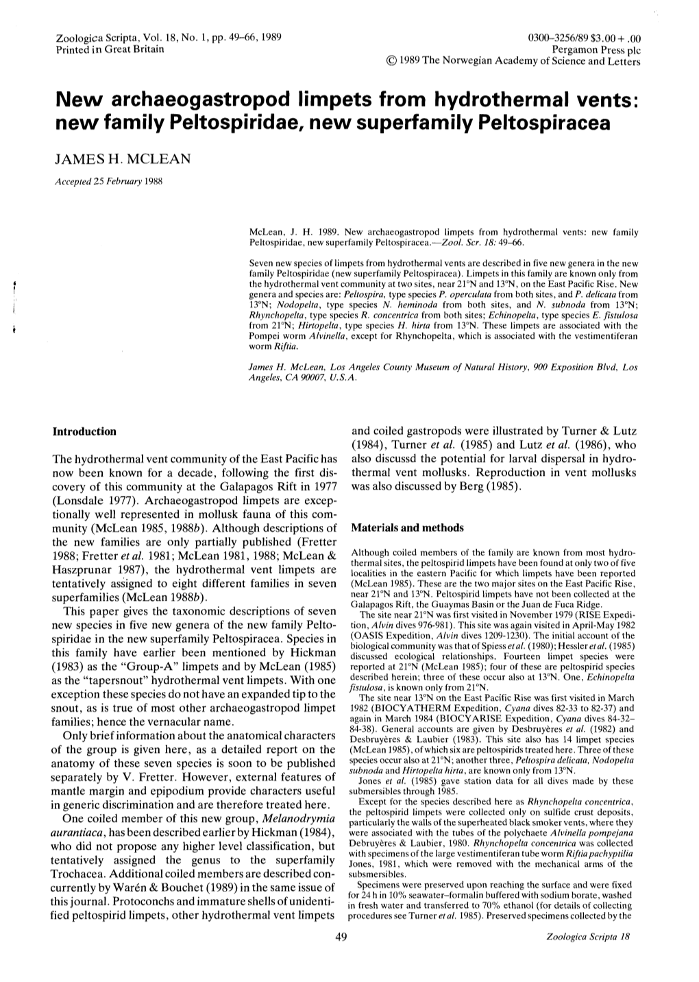 New Archaeogastropod Limpets from Hydrothermal Vents New Family Peltospiridae, New Superfamily Peltospiracea