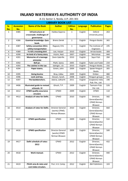 INLAND WATERWAYS AUTHORITY of INDIA A-13, Sector-1, Noida, U.P.-201 301 LIBRARY BOOK LIST Sr