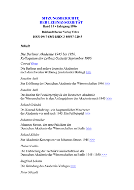Sitzungsberichte Der Leibniz-Sozietät, Jahrgang 1996, Band 15