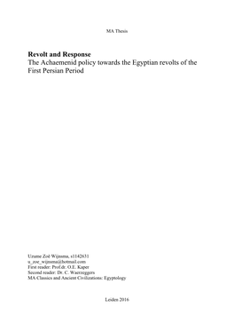 Revolt and Response the Achaemenid Policy Towards the Egyptian Revolts of the First Persian Period