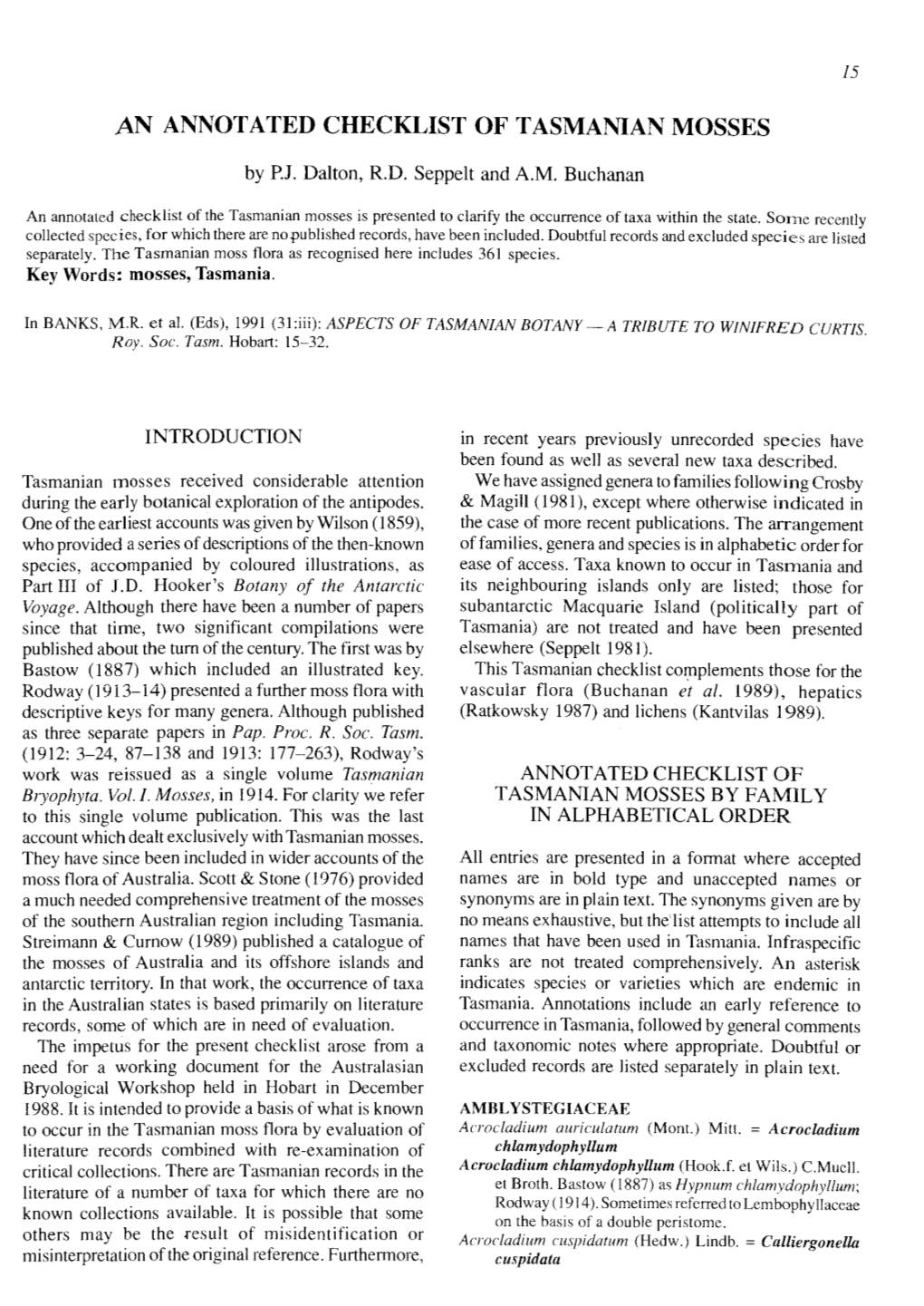 An Annotated Checklist of Tasmanian Mosses