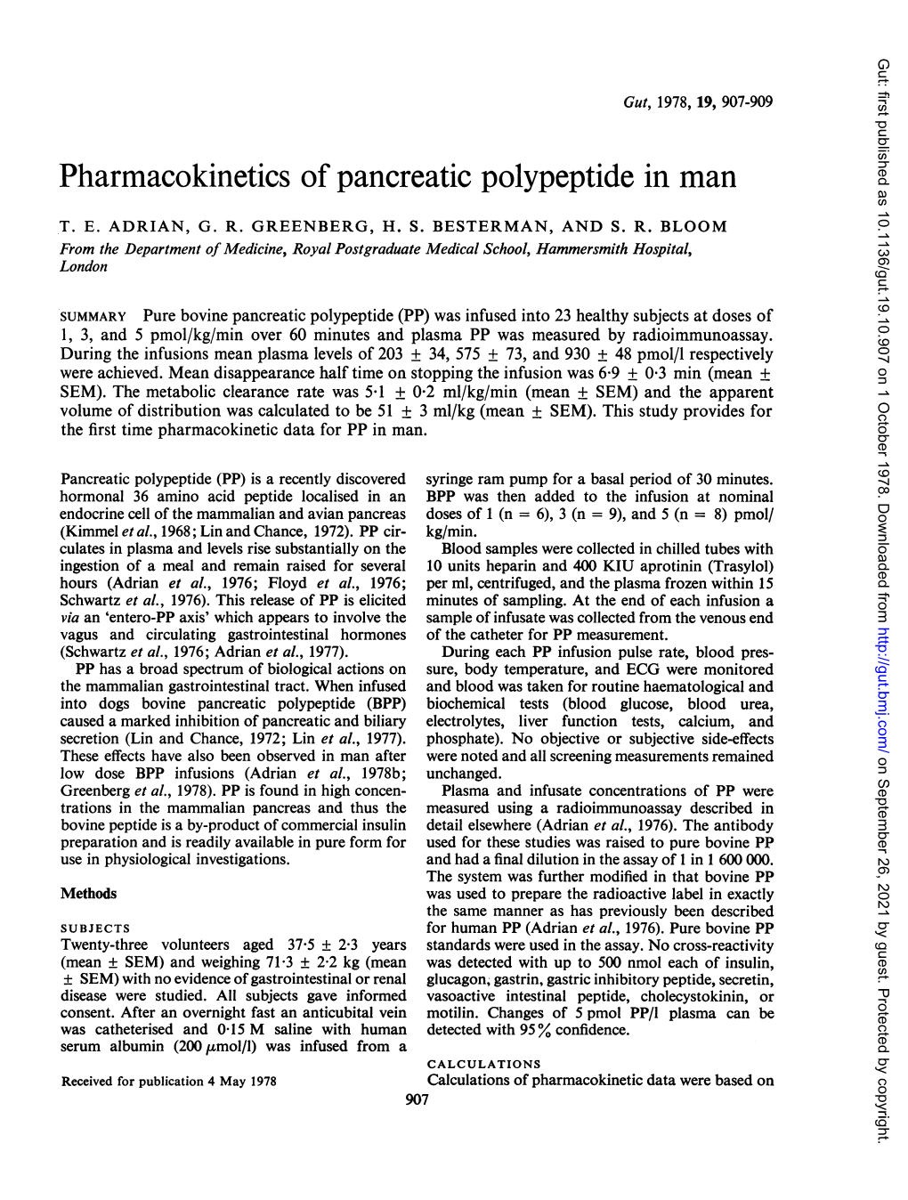 Pharmacokinetics of Pancreatic Polypeptide in Man