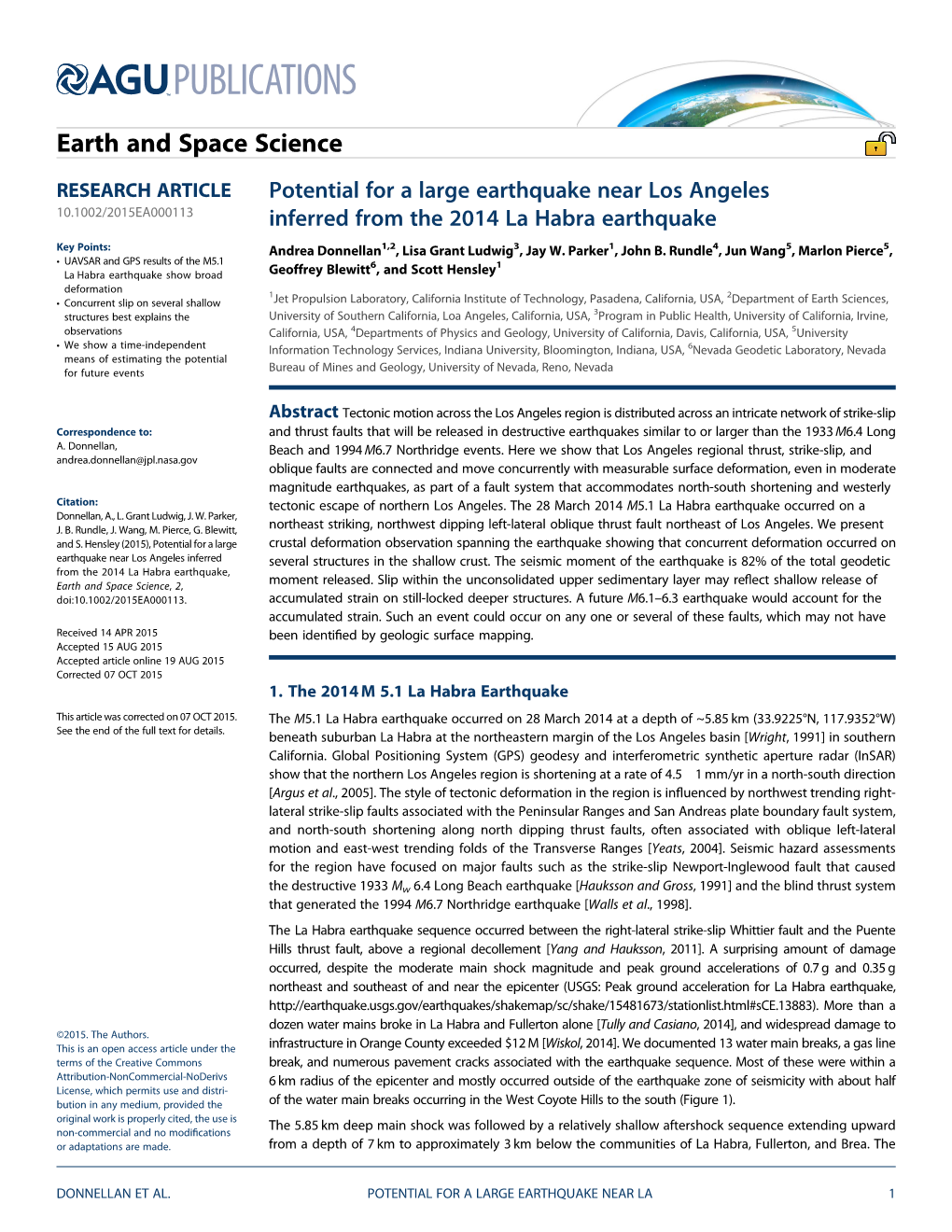 Potential for a Large Earthquake Near Los Angeles Inferred from the 2014