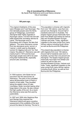 City of Joondalup/City of Wanneroo by Sarah Pratt Reference and Local History Librarian City of Joondalup 100 Years Ago, Now