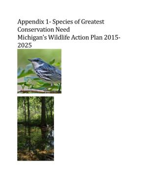 Appendix 1- Species of Greatest Conservation Need Michigan’S Wildlife Action Plan 2015- 2025