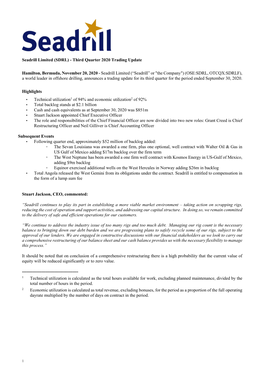 20 Nov, 2020 Seadrill Limited Third Quarter 2020 Trading Update