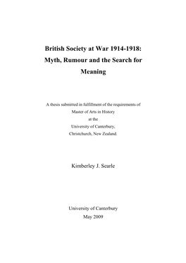 British Society at War 1914-1918: Myth, Rumour and the Search for Meaning