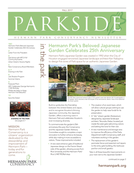 Fall 2017 Parkside Hermann Park Conservancy Newsletter