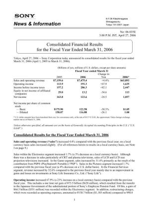 Consolidated Financial Results for the Fiscal Year Ended March 31, 2006
