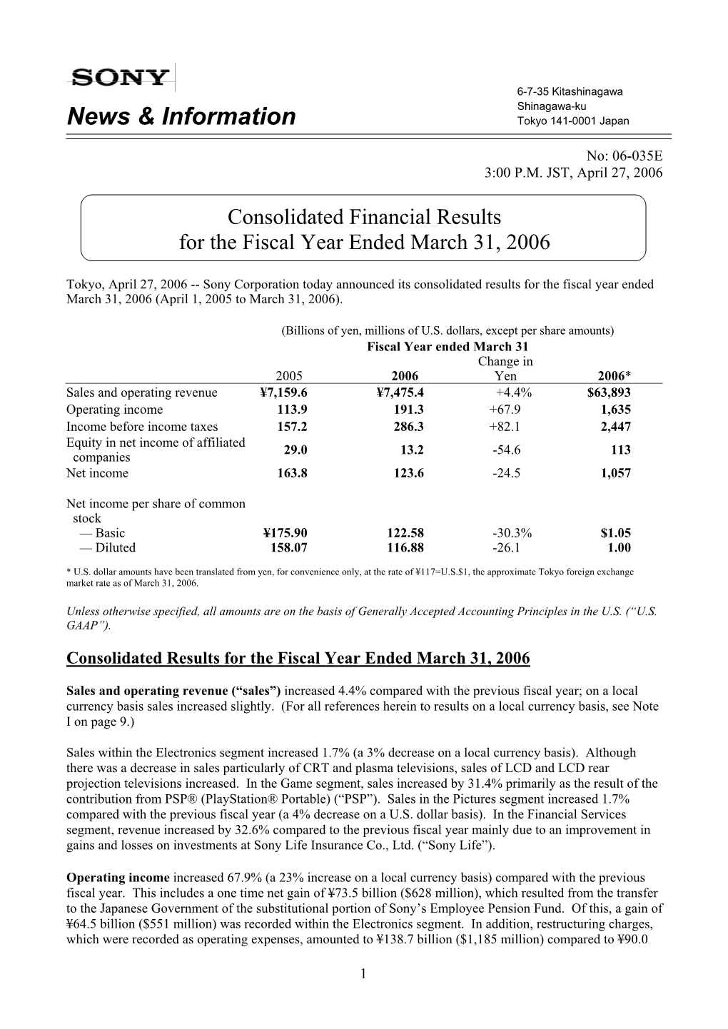 Consolidated Financial Results for the Fiscal Year Ended March 31, 2006