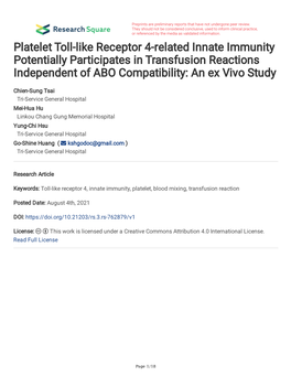 Platelet Toll-Like Receptor 4-Related Innate Immunity Potentially Participates in Transfusion Reactions Independent of ABO Compatibility: an Ex Vivo Study
