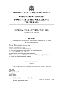 Wednesday 13 December 2017 COMMITTEE of the WHOLE HOUSE PROCEEDINGS