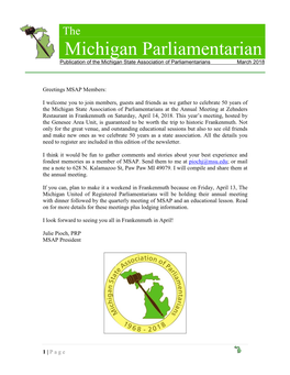 Michigan Parliamentarian Publication of the Michigan State Association of Parliamentarians March 2018