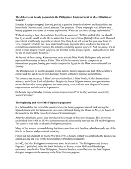 The Debate Over Beauty Pageants in the Philippines: Empowerment Or Objectification of Women? Katarina Rodriguez Stepped Forward