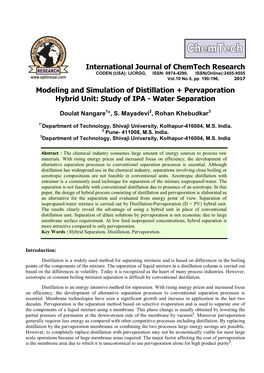 Modeling and Simulation of Distillation + Pervaporation Hybrid Unit: Study of IPA - Water Separation