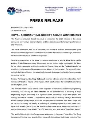 Royal Aeronautical Society Award Winners 2020
