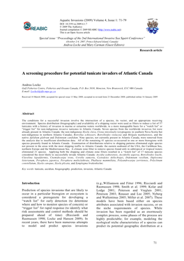 A Screening Procedure for Potential Tunicate Invaders of Atlantic Canada