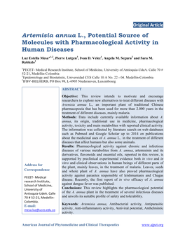 Artemisia Annua L., Potential Source of Molecules with Pharmacological Activity in Human Diseases Luz Estella Mesa*1,2, Pierre Lutgen3, Ivan D