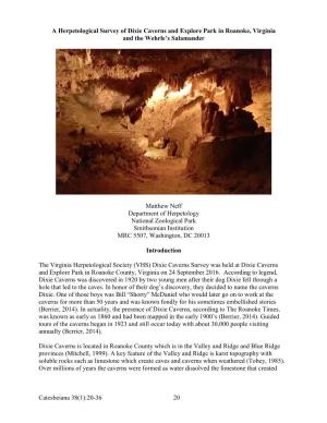 A Herpetological Survey of Dixie Caverns and Explore Park in Roanoke, Virginia and the Wehrle’S Salamander