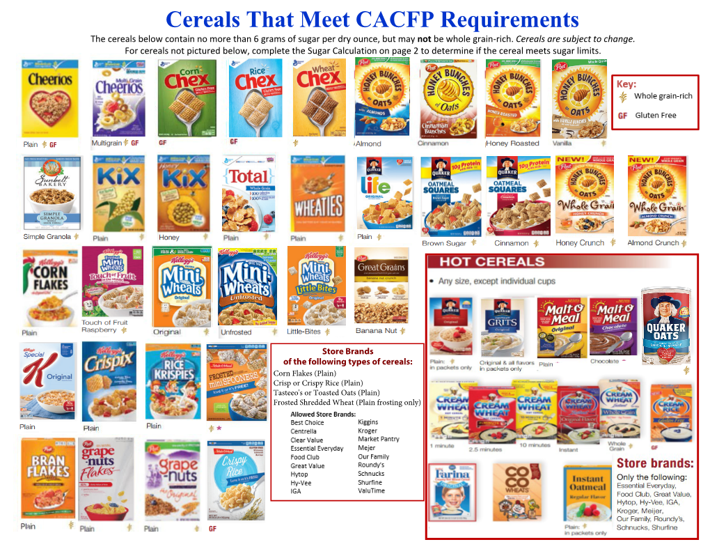 Cereals That Meet CACFP Requirements the Cereals Below Contain No More ...