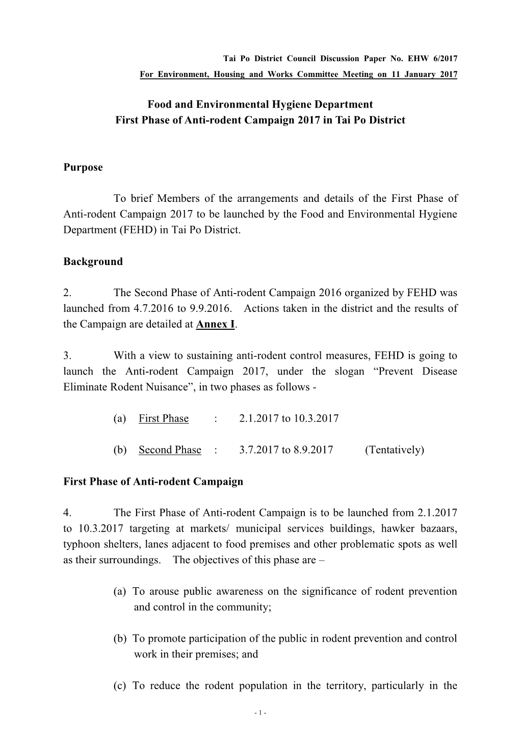 First Phase of Anti-Rodent Campaign 2017 in Tai Po District